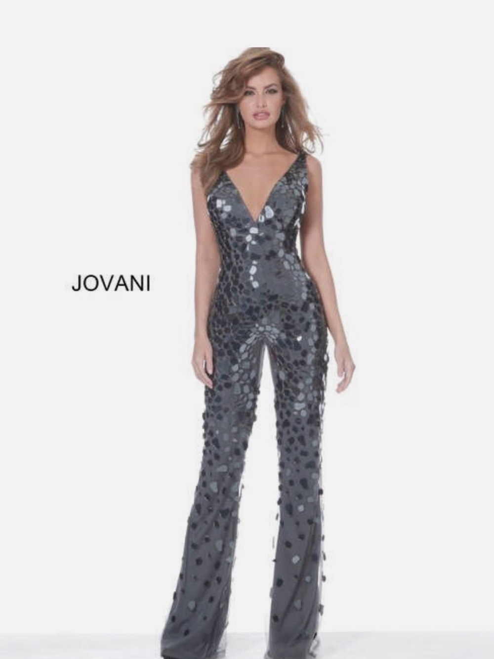 Jovani Gunmetal Sequin V-Neck Jumpsuit